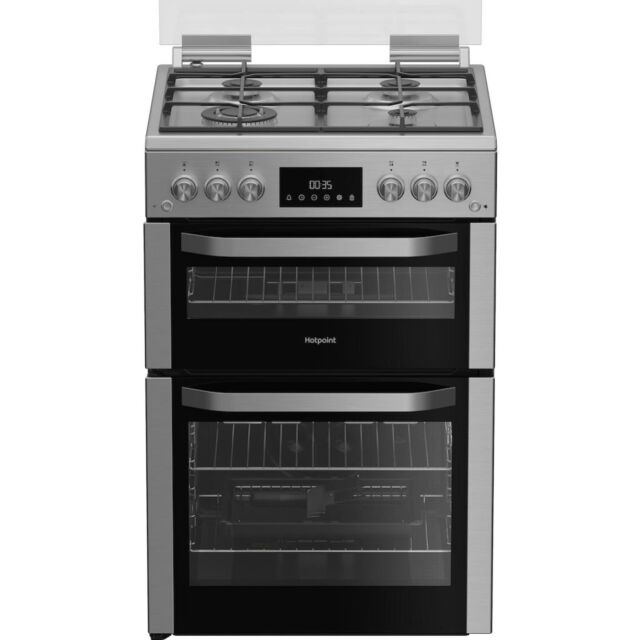 Hotpoint HDG6GDCWX 60cm Freestanding Gas Double Oven Cooker with Glass Lid