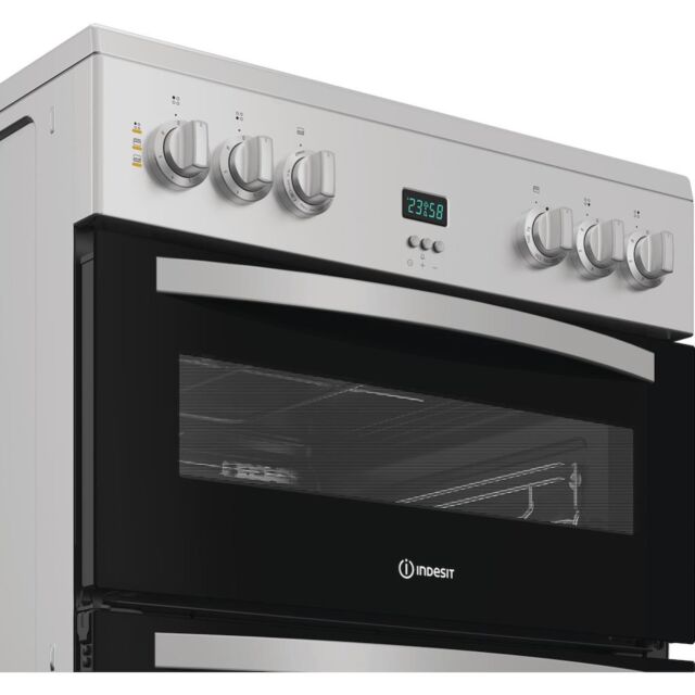 Indesit IDE6VDCS1 60cm Electric Double Cooker with Ceramic Hob - Silver