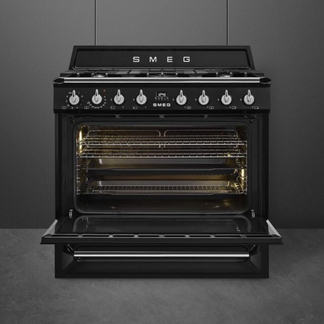 Smeg TR90BL2 90cm Victoria Dual Fuel Range Cooker, Black