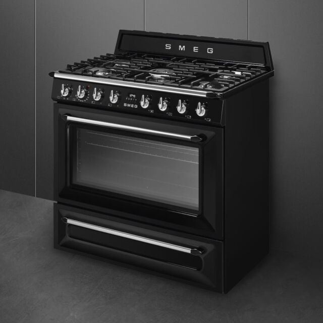 Smeg TR90BL2 90cm Victoria Dual Fuel Range Cooker, Black